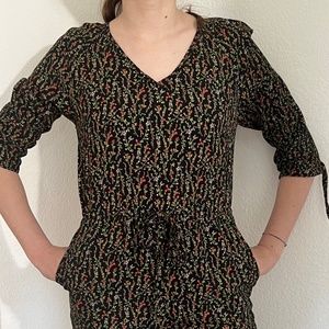 Elegant V Neck 3/4 Sleeves Black Floral Pants Jumpsuit